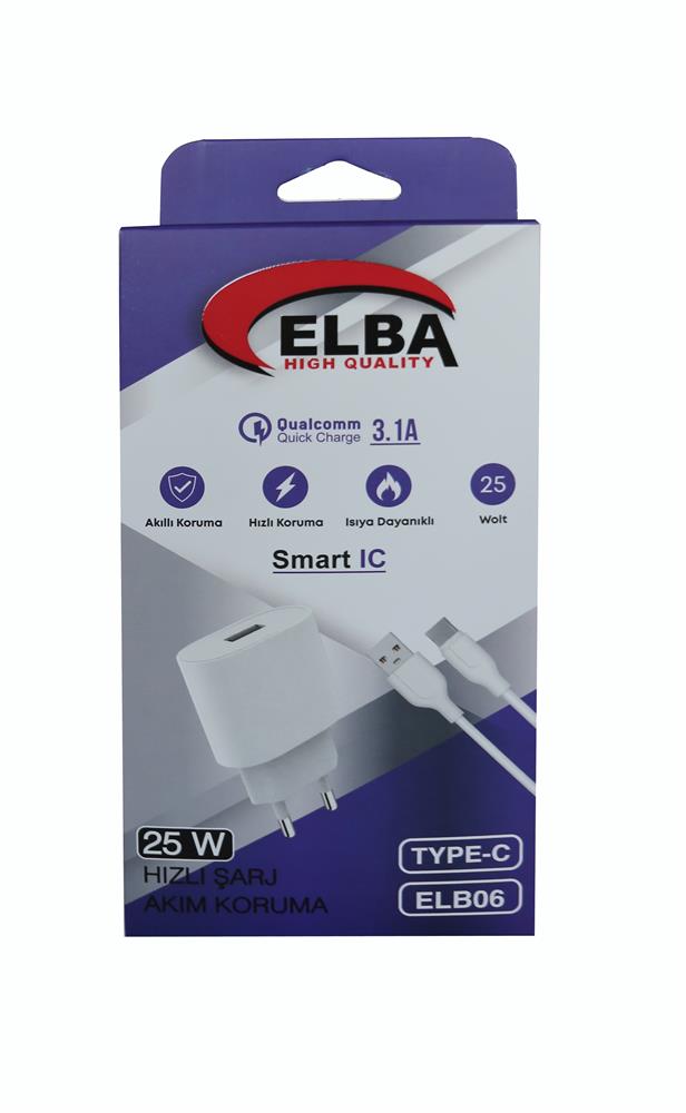 Elba ELB06-USB-25WTypc Beyaz Usb 25W Şarj Kafa+1Mt Usb Type-c Kablo QC4.0 (Akım Koruma-Hızlı Şarj)