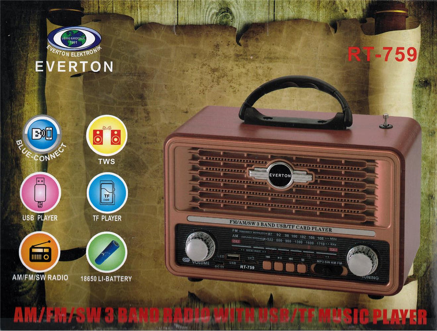 Everton Rt-759 Bluetooth Fm-Usb-Tf-Aux Solarlı Şarjlı Nostaljik Radyo