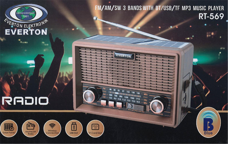 Everton Rt-569 Bluetooth Fm-Usb-Tf-Aux Güneş Enerjili Şarjlı Nostaljik Radyo