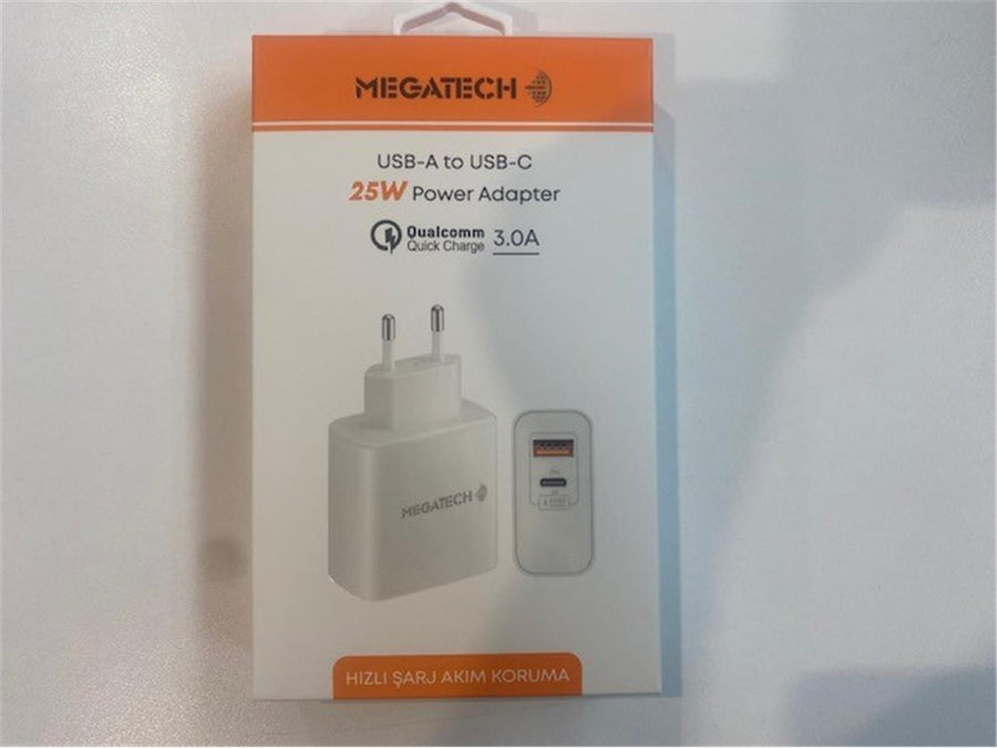 Megatech 25W2 Usb-A To Usb-C 3.0A 25W Ev Şarj Kafa Hızlı Şarj Akım Koruma