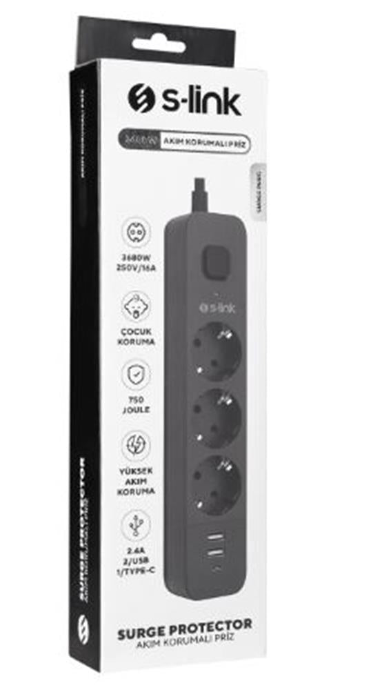 S-link SPG03U 5V2.4A 1.5m 3x1.00mm 100 yüzde Bakır 750 Joule 3 lü Anahtarlı Akım Korumalı Siyah Priz
