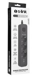 S-link SPG03U 5V2.4A 1.5m 3x1.00mm 100 yüzde Bakır 750 Joule 3 lü Anahtarlı Akım Korumalı Siyah Priz