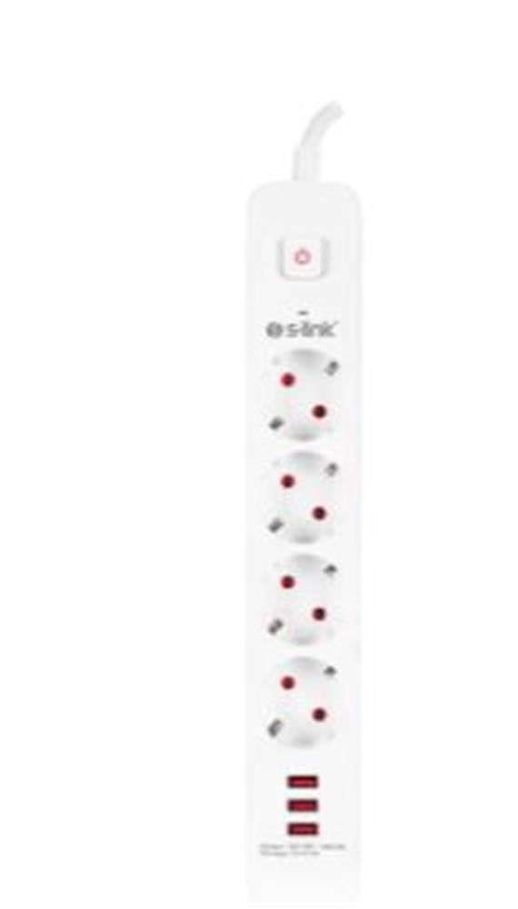S-link SPG403U 1.5m 1.5mm 100 yüzde Bakır 750 Joule 3 Usb 5V2.4A 4lü Anahtarlı Akım Korumalı Priz