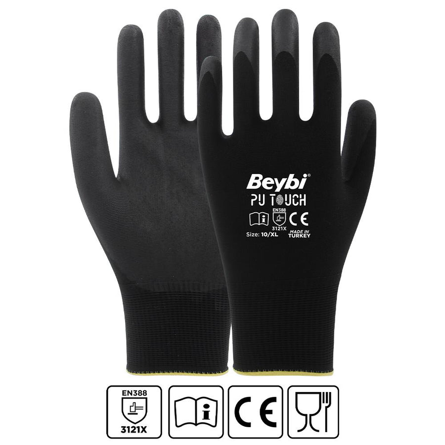 Beybi 7 Beden 12li Paket Poliüretan Kaplı Pu Touch Siyah Montaj Eldiven EN388 (3121X)