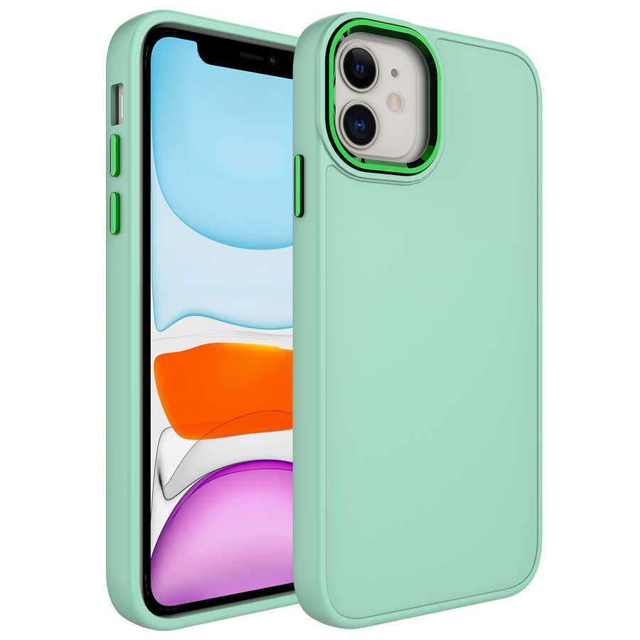 iPhone 11 Kılıf Metal Çerçeve ve Buton Tasarımlı Silikon Zore Luna Kılıf - Su Yeşil