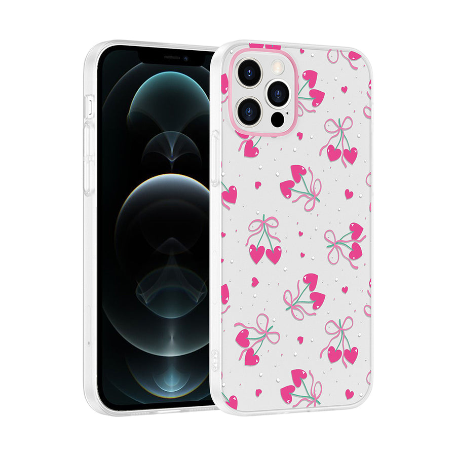 iPhone 12 Kılıf Kamera Korumalı Desenli Zore Klip Kılıf - Kalpli Kiraz