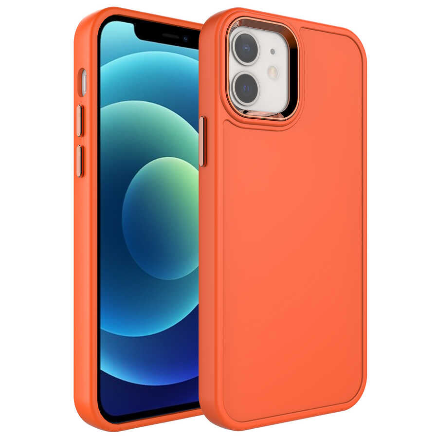 iPhone 12 Kılıf Metal Çerçeve ve Buton Tasarımlı Sert Zore Botox Kılıf - Turuncu
