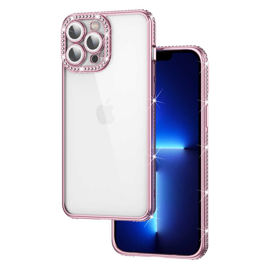 iPhone 12 Pro Kılıf Kamera Korumalı Taşlı Zore Mina Kılıf - Rose Gold