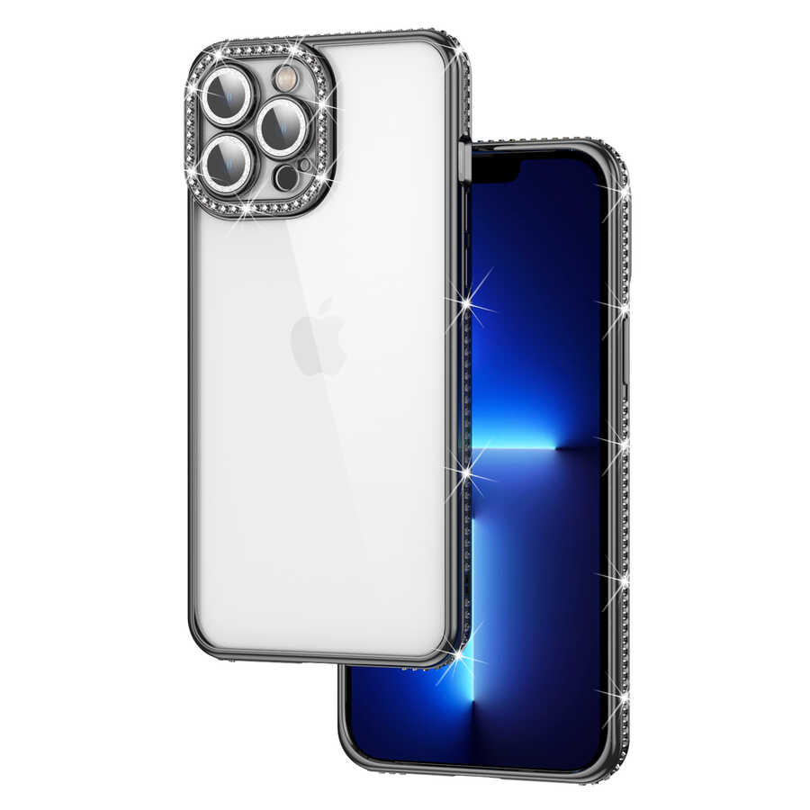 iPhone 12 Pro Kılıf Kamera Korumalı Taşlı Zore Mina Kılıf - Siyah