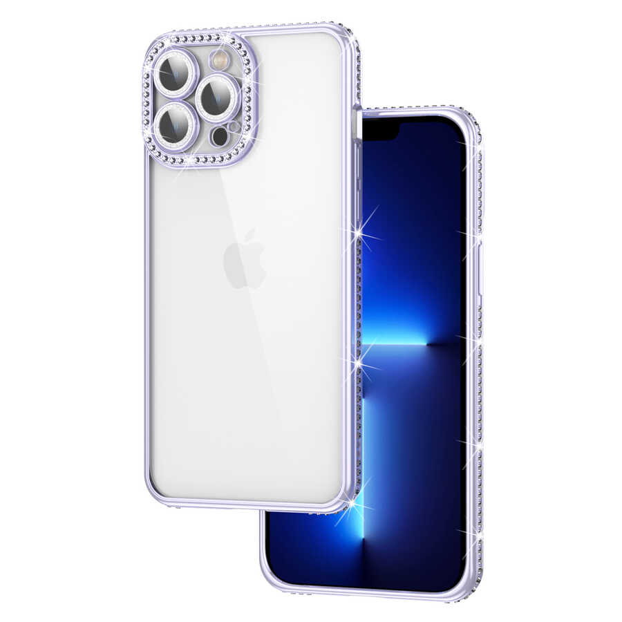 iPhone 12 Pro Kılıf Kamera Korumalı Taşlı Zore Mina Kılıf - Lila