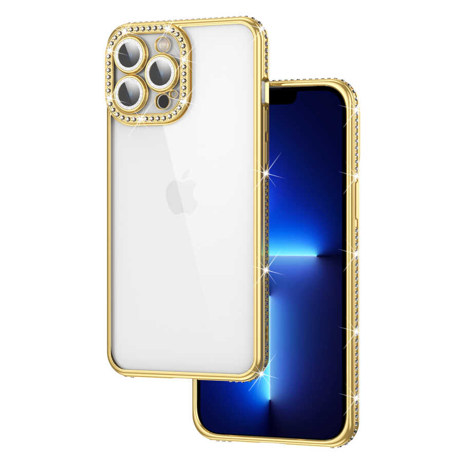 iPhone 12 Pro Kılıf Kamera Korumalı Taşlı Zore Mina Kılıf - Gold