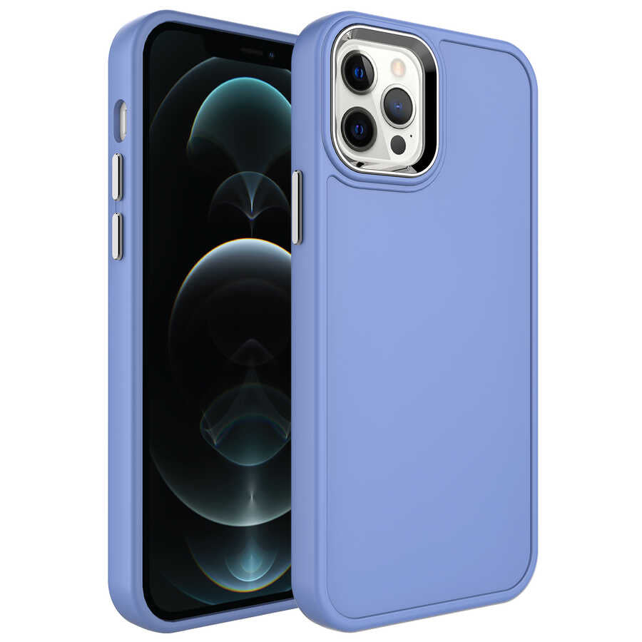 iPhone 12 Pro Max Kılıf Metal Çerçeve ve Buton Tasarımlı Sert Zore Botox Kılıf - Lavendery Gray