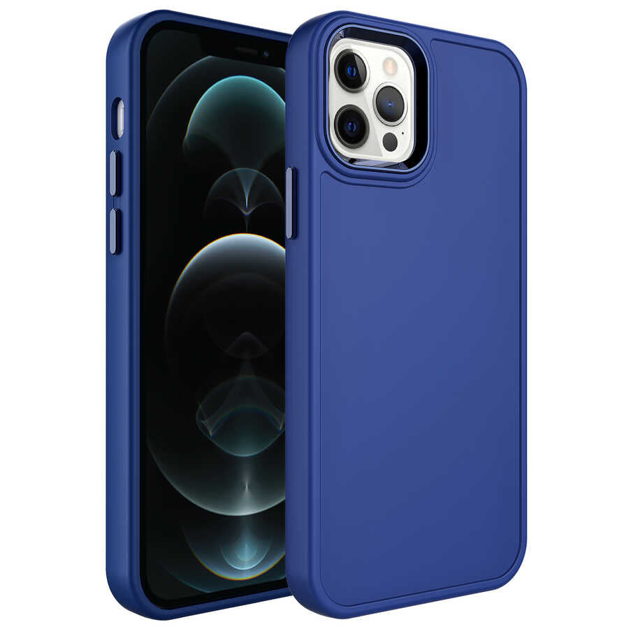 iPhone 12 Pro Max Kılıf Metal Çerçeve ve Buton Tasarımlı Sert Zore Botox Kılıf - Lacivert