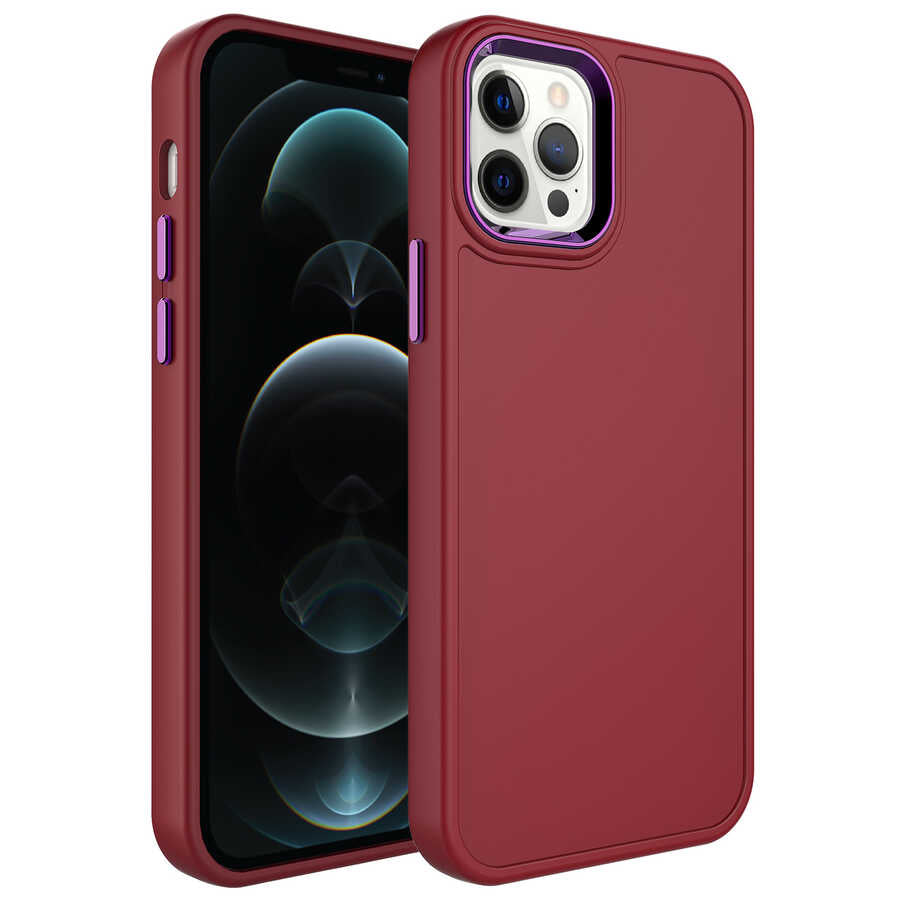 iPhone 12 Pro Max Kılıf Metal Çerçeve ve Buton Tasarımlı Sert Zore Botox Kılıf - Koyu Mor
