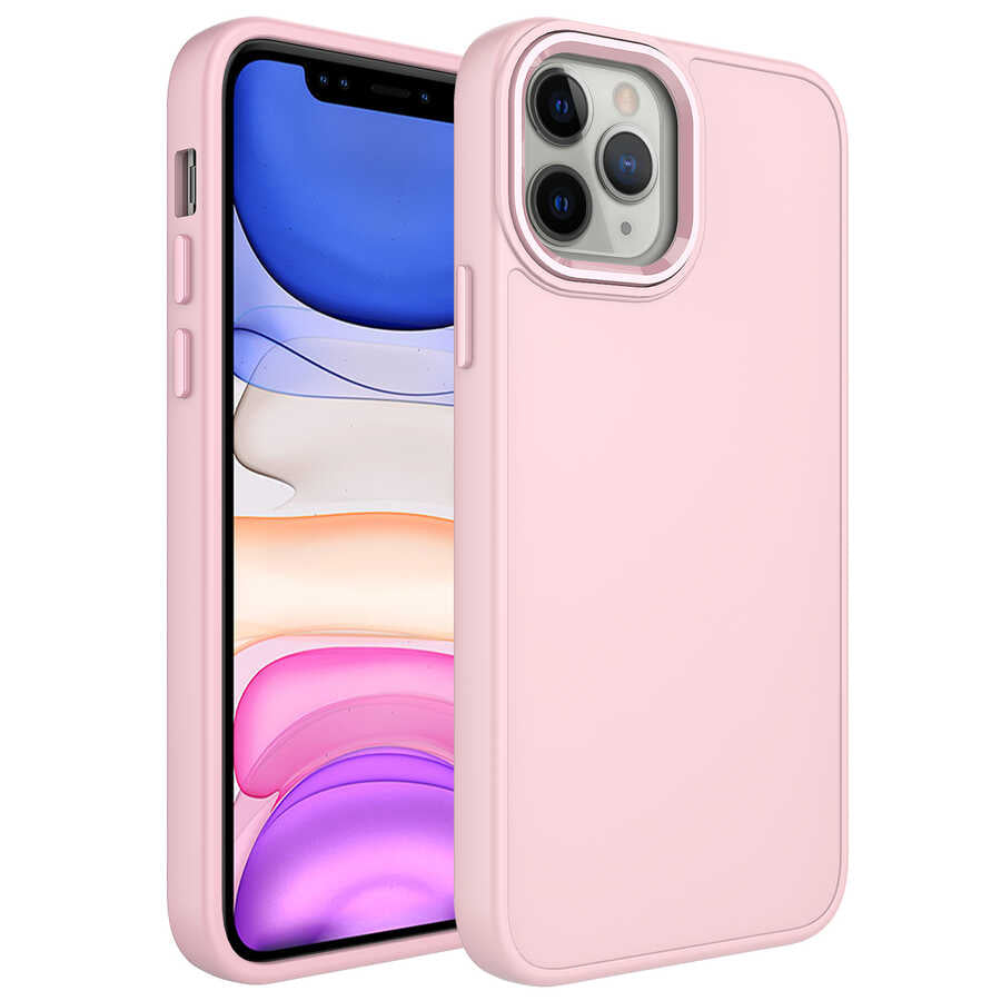 iPhone 12 Pro Max Kılıf Metal Çerçeve ve Buton Tasarımlı Silikon Zore Luna Kılıf - Pembe