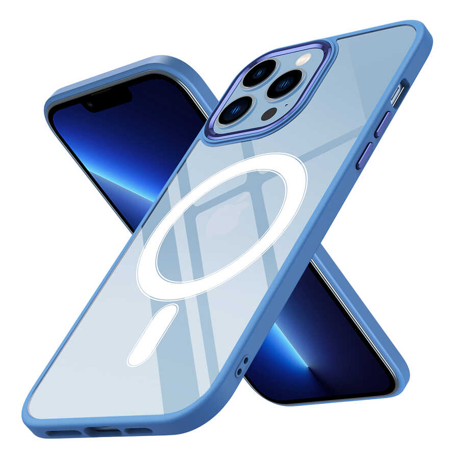 iPhone 12 Pro Max Kılıf Wireless Şarj Özellikli Zore Krom M-safe Silikon Kılıf - Mavi