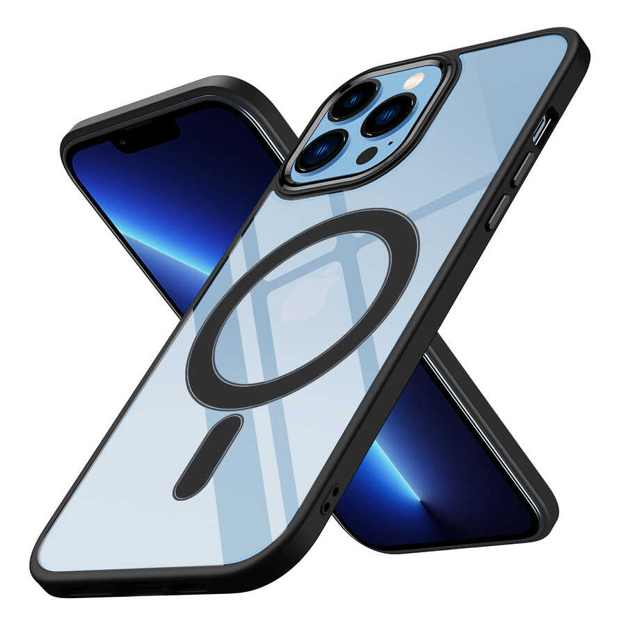 iPhone 12 Pro Max Kılıf Wireless Şarj Özellikli Zore Krom M-safe Silikon Kılıf - Siyah