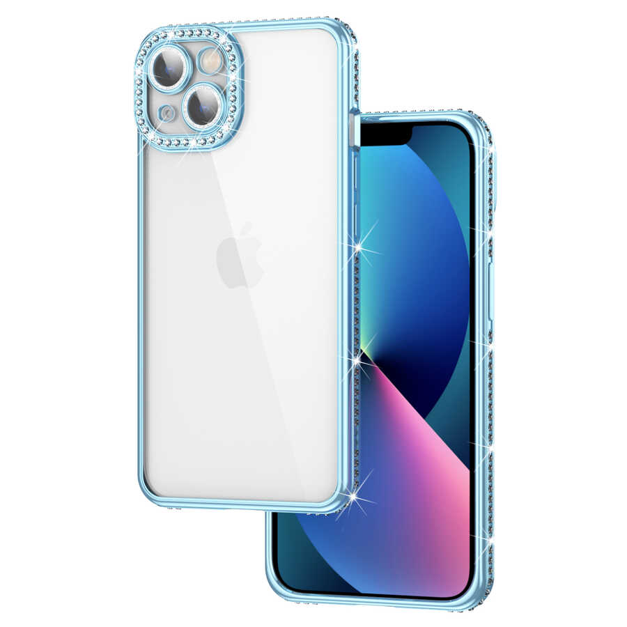iPhone 13 Kılıf Kamera Korumalı Taşlı Zore Mina Kılıf - Mavi