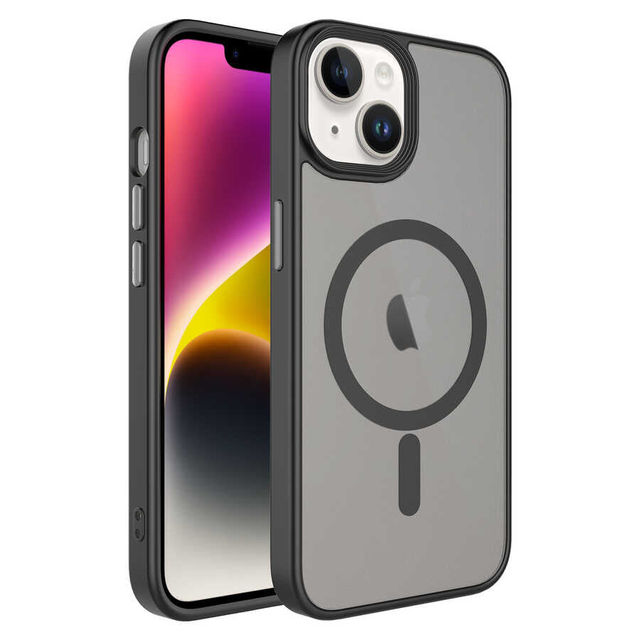 iPhone 13 Kılıf Mat Arka Yüzey Wireless Şarj Özellikli Zore Flet M-safe Kılıf - Siyah