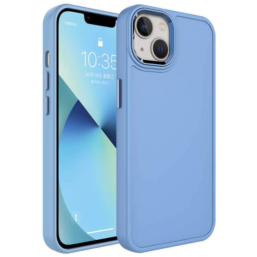 iPhone 13 Kılıf Metal Çerçeve ve Buton Tasarımlı Sert Zore Botox Kılıf - Mavi