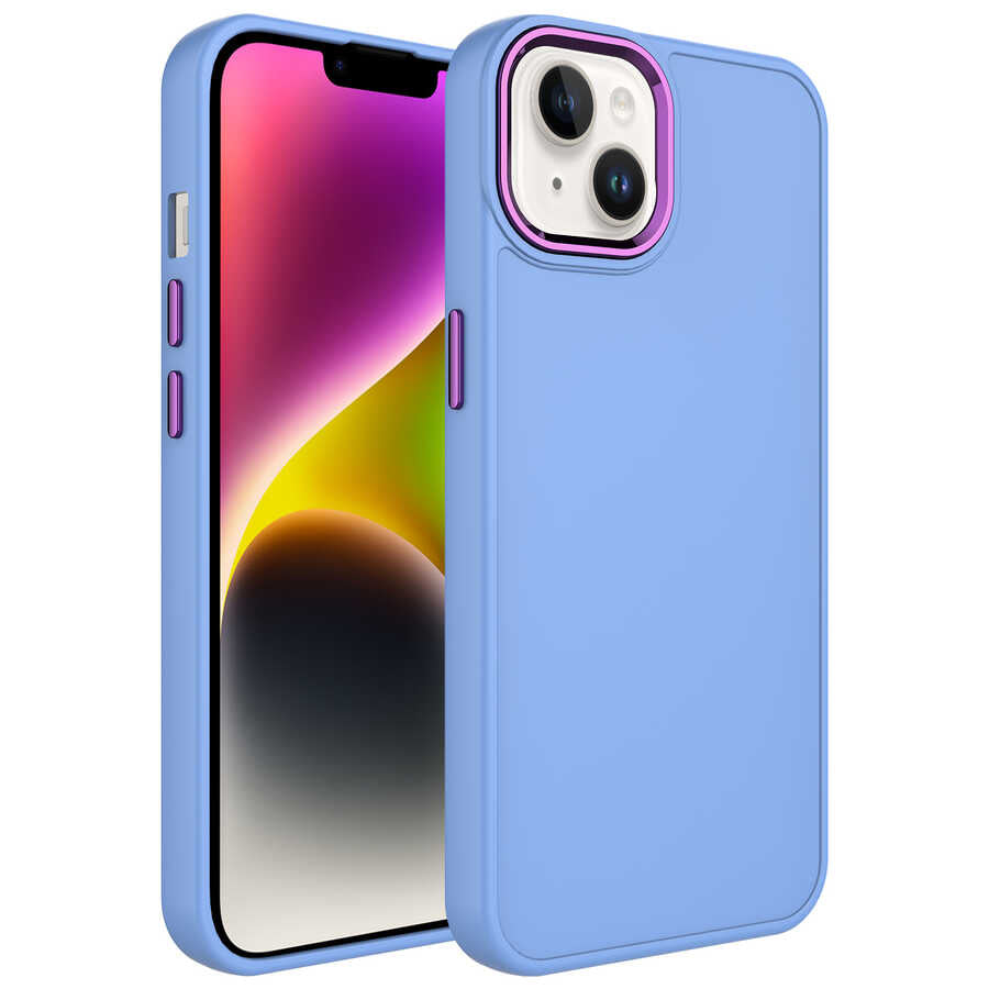 iPhone 13 Kılıf Metal Çerçeve ve Buton Tasarımlı Silikon Zore Luna Kılıf - Lila
