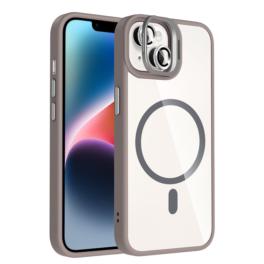 iPhone 13 Kılıf Standlı ve Kamera Lens Hediyeli M-Safe Şarj Özellikli Zore Etro Kılıf - Gri