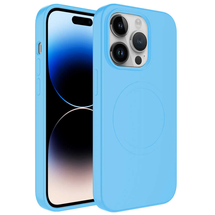 iPhone 13 Pro Kılıf M-safe Wireless Şarj Özellikli Pastel Renk Silikon Zore Plas Kılıf - Mavi Açık