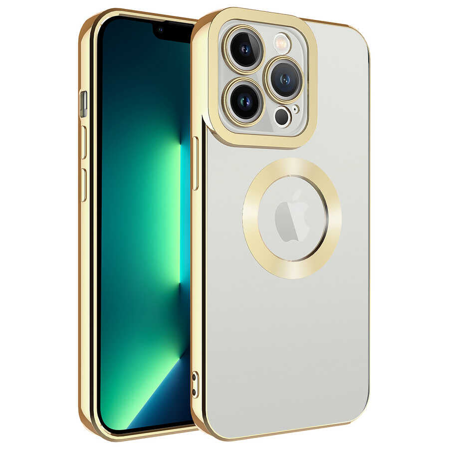 iPhone 13 Pro Max Kılıf Kamera Korumalı Logo Gösteren Zore Omega Kılıf - Gold