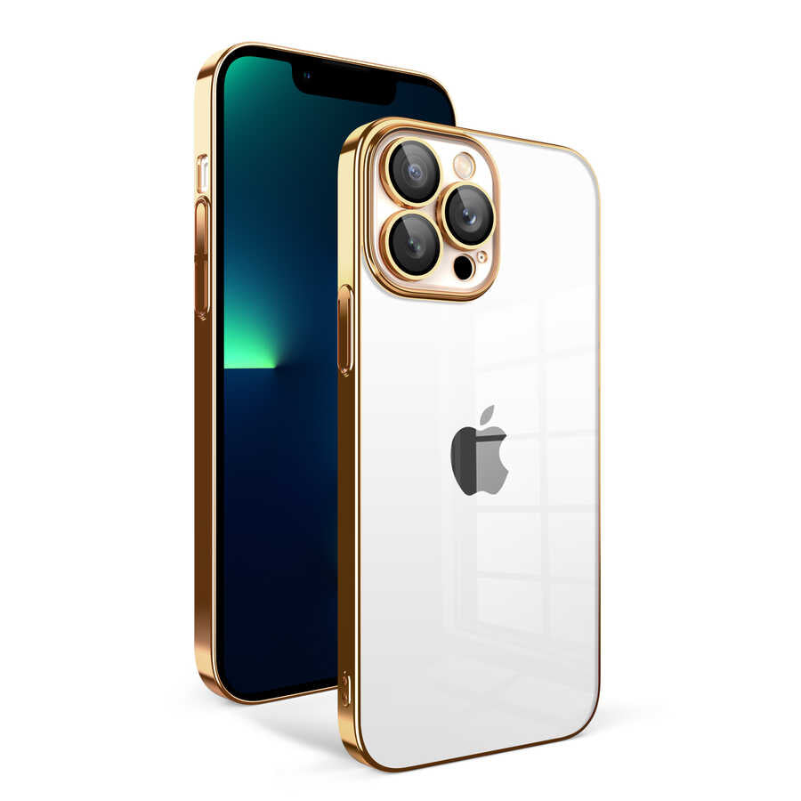 iPhone 13 Pro Max Kılıf Kamera Korumalı Renkli Çerçeveli Zore Garaj Kılıf - Gold