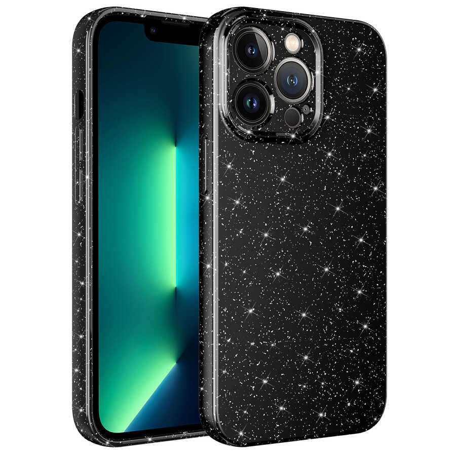 iPhone 13 Pro Max Kılıf Kamera Korumalı Simli Lüks Zore Koton Kılıf - Siyah
