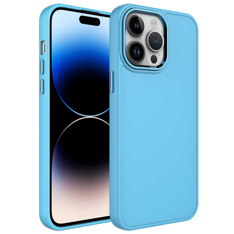 iPhone 13 Pro Max Kılıf Metal Çerçeve ve Buton Tasarımlı Silikon Zore Luna Kılıf - Sierra Mavi