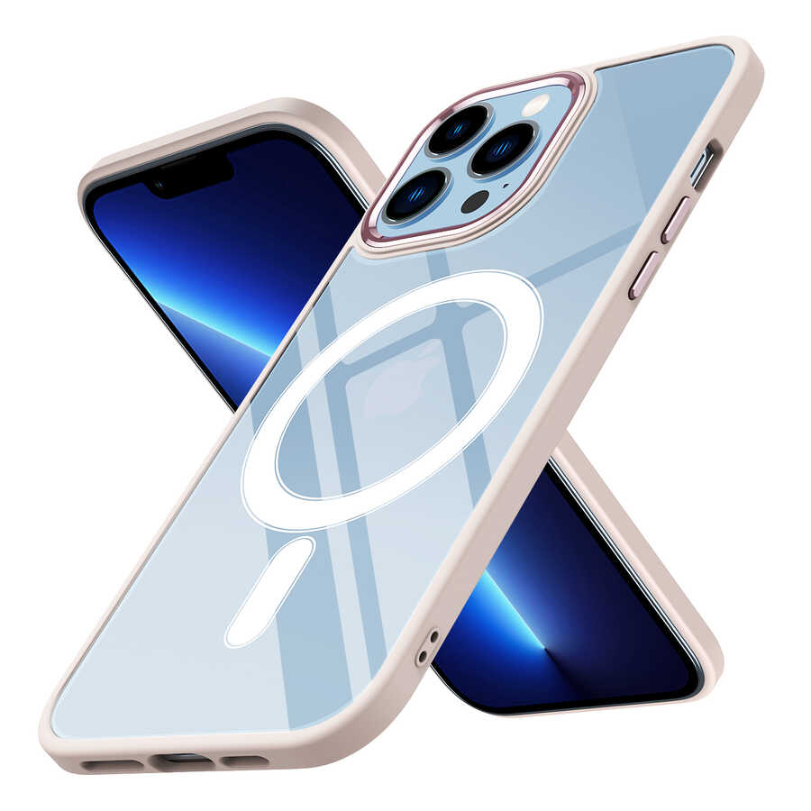 iPhone 13 Pro Max Kılıf Wireless Şarj Özellikli Zore Krom M-safe Silikon Kılıf - Pembe Açık
