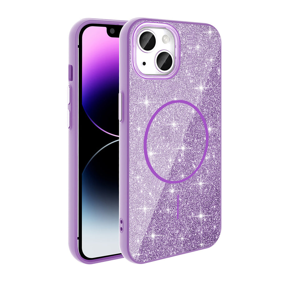iPhone 14 Kılıf M-safe Şarj Özellikli Parlayan Simli Zore Okso Kılıf - Derin Mor