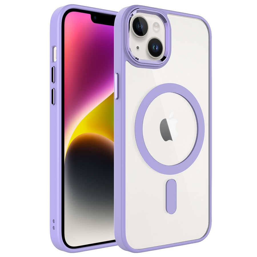 iPhone 14 Kılıf Wireless Şarj Özellikli Zore Krom M-safe Silikon Kılıf - Lila