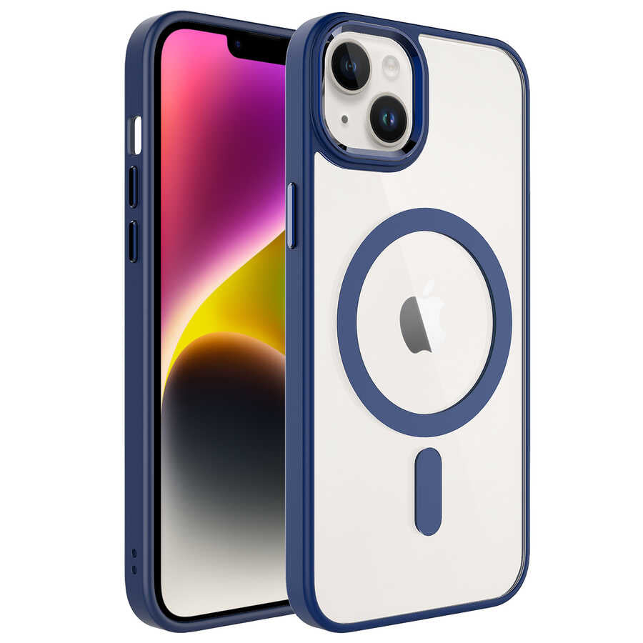 iPhone 14 Kılıf Wireless Şarj Özellikli Zore Krom M-safe Silikon Kılıf - Lacivert