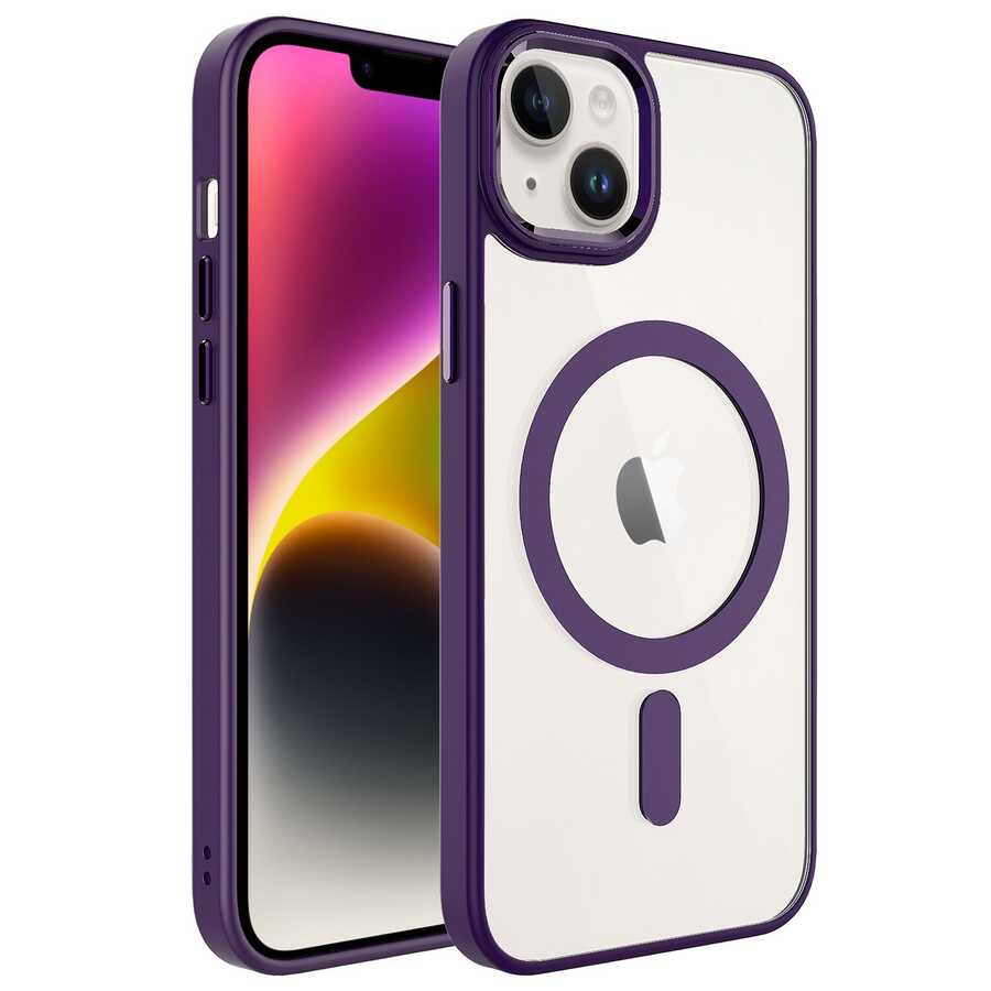 iPhone 14 Kılıf Wireless Şarj Özellikli Zore Krom M-safe Silikon Kılıf - Derin Mor