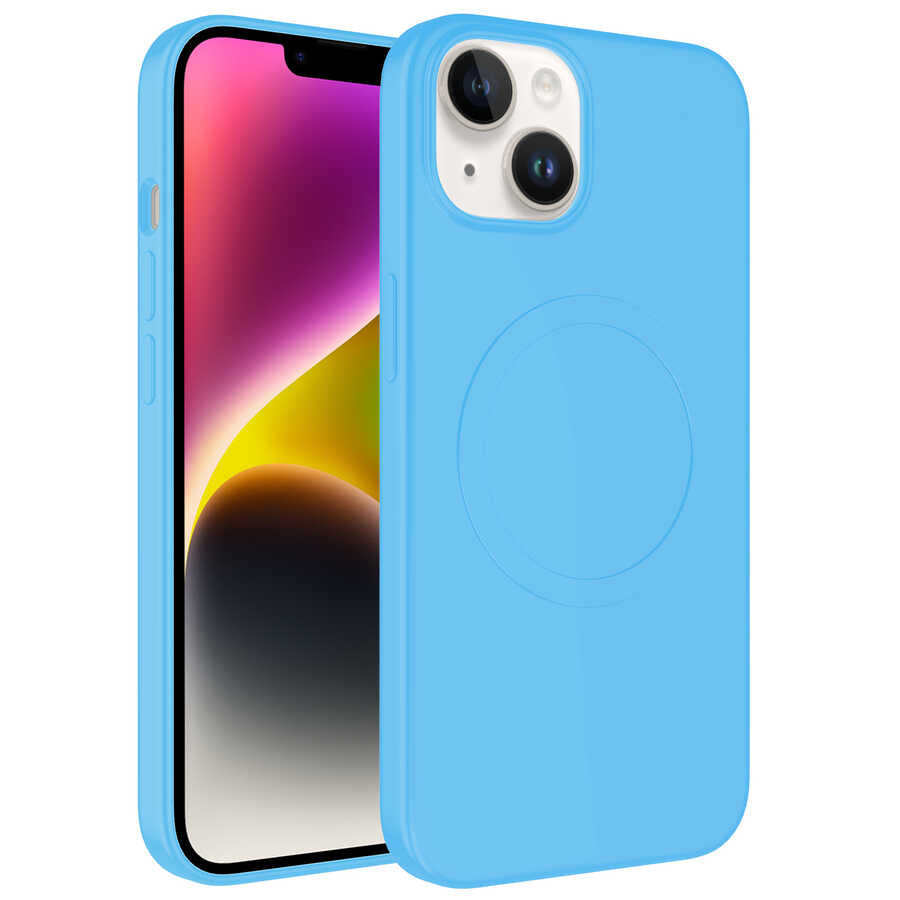 iPhone 14 Plus Kılıf M-safe Wireless Şarj Özellikli Pastel Renk Silikon Zore Plas Kılıf - Mavi Açık