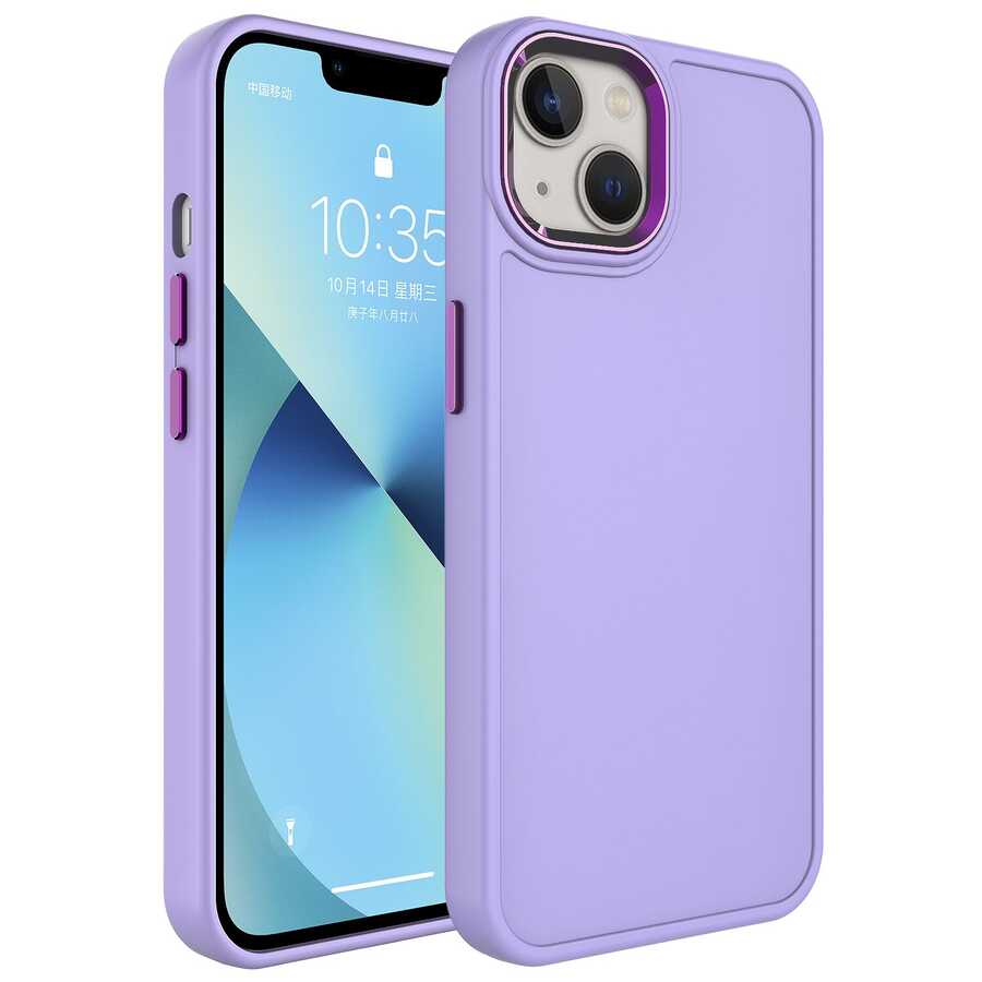 iPhone 14 Plus Kılıf Metal Çerçeve ve Buton Tasarımlı Sert Zore Botox Kılıf - Lila