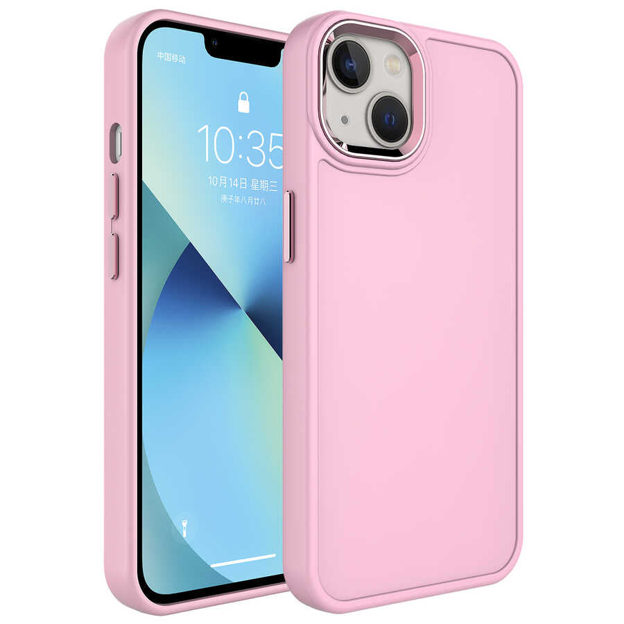 iPhone 14 Plus Kılıf Metal Çerçeve ve Buton Tasarımlı Sert Zore Botox Kılıf - Pembe Açık