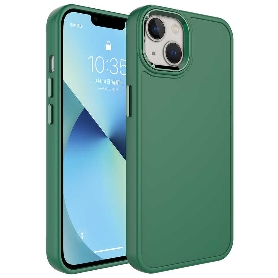 iPhone 14 Plus Kılıf Metal Çerçeve ve Buton Tasarımlı Sert Zore Botox Kılıf - Koyu Yeşil