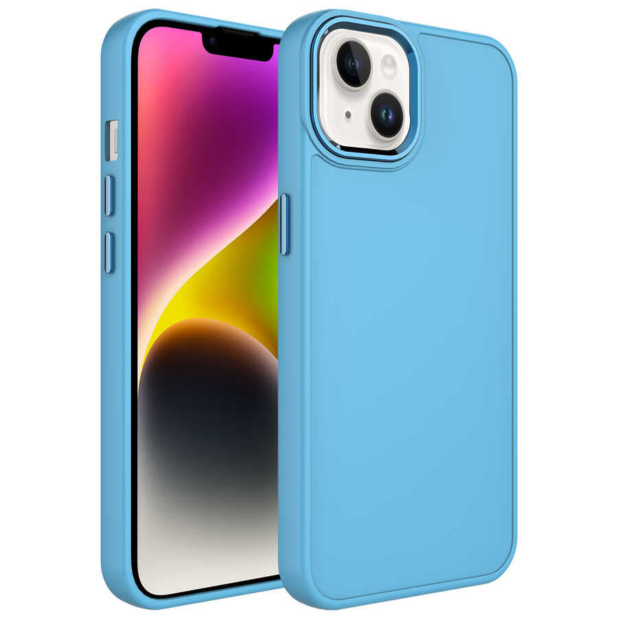 iPhone 14 Plus Kılıf Metal Çerçeve ve Buton Tasarımlı Silikon Zore Luna Kılıf - Sierra Mavi