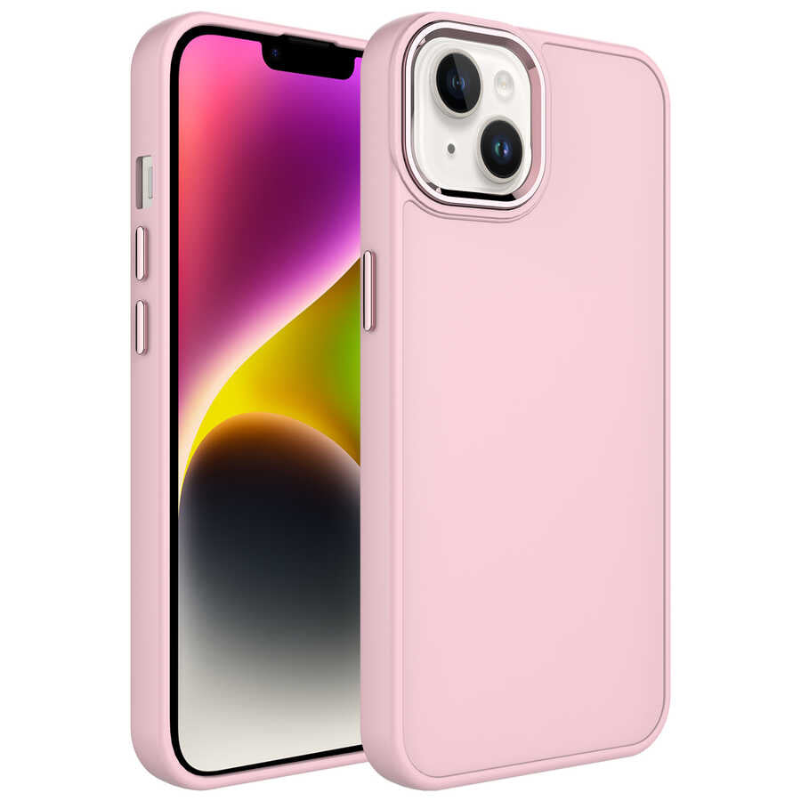 iPhone 14 Plus Kılıf Metal Çerçeve ve Buton Tasarımlı Silikon Zore Luna Kılıf - Pembe