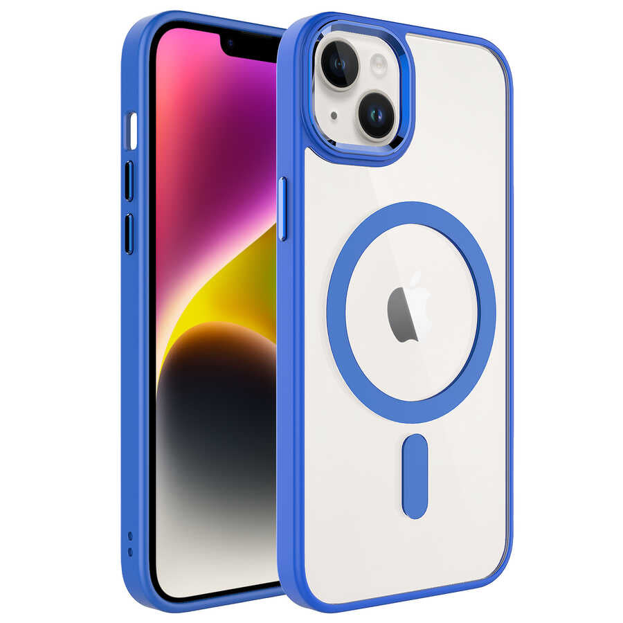 iPhone 14 Plus Kılıf Wireless Şarj Özellikli Zore Krom M-safe Silikon Kılıf - Mavi