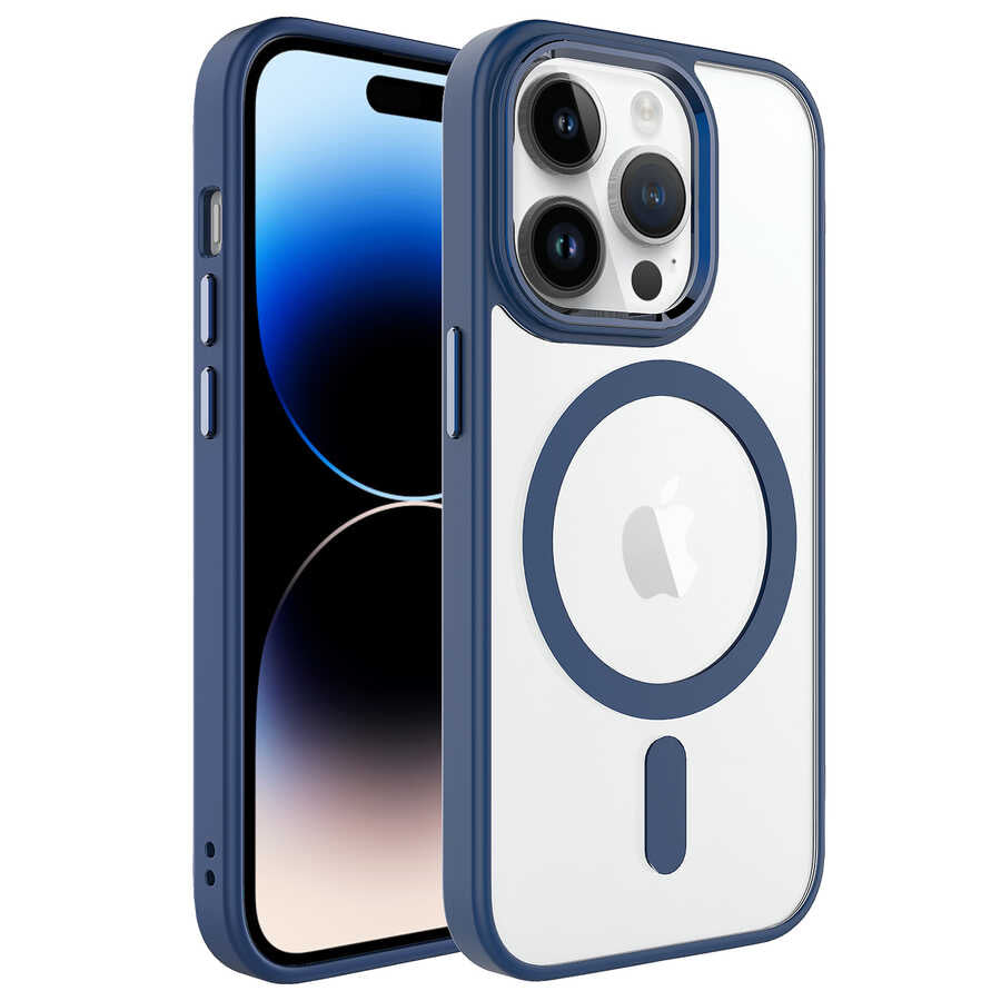 iPhone 14 Pro Kılıf Wireless Şarj Özellikli Zore Krom M-safe Silikon Kılıf - Lacivert
