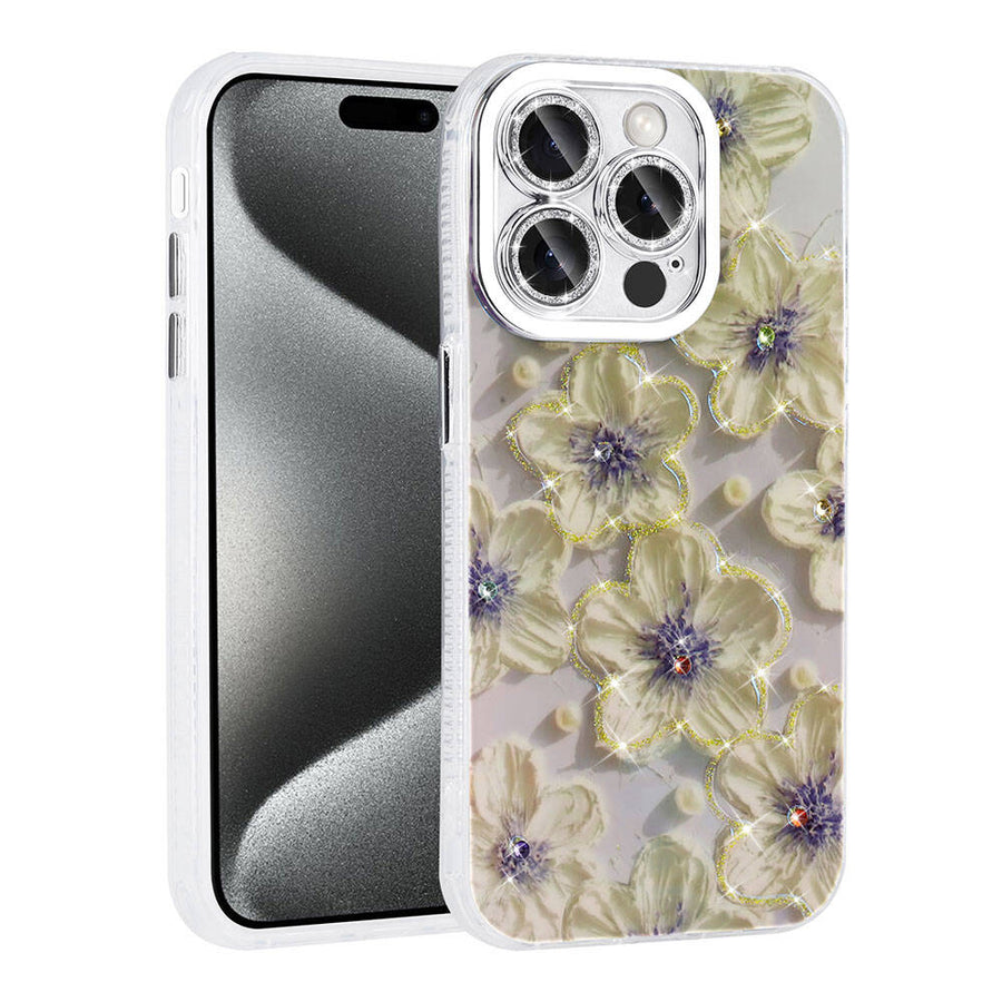 iPhone 14 Pro Max Kılıf Çiçek Desenli Parlak Taşlı Sert Silikon Zore Garden Kılıf - Mavi