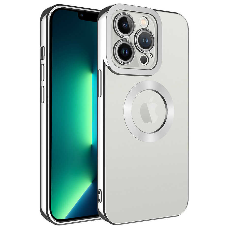 iPhone 14 Pro Max Kılıf Kamera Korumalı Logo Gösteren Zore Omega Kılıf - Gümüş