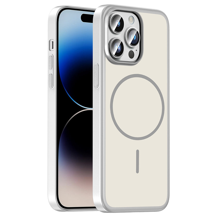 iPhone 14 Pro Max Kılıf M-Safe Şarj Özellikli Zore Lora PC Kılıf - Gümüş