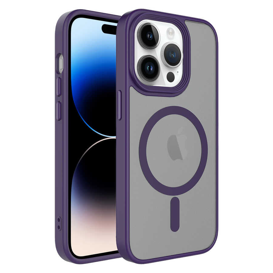 iPhone 14 Pro Max Kılıf Mat Arka Yüzey Wireless Şarj Özellikli Zore Flet M-safe Kılıf - Derin Mor