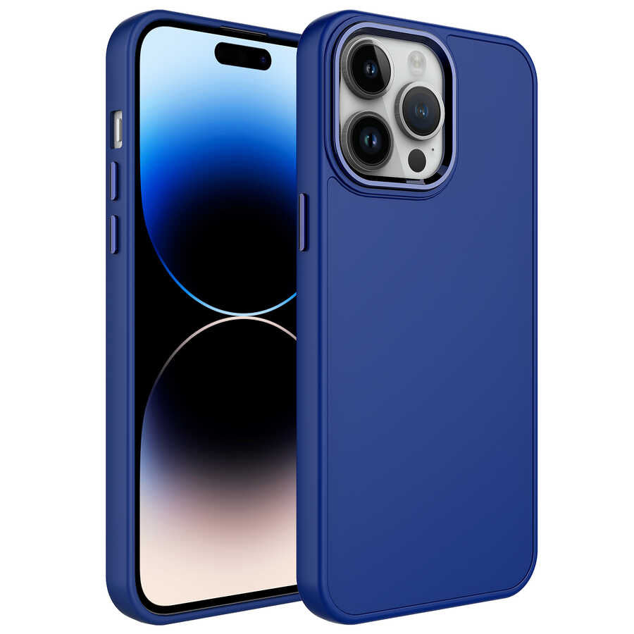 iPhone 14 Pro Max Kılıf Metal Çerçeve ve Buton Tasarımlı Silikon Zore Luna Kılıf - Lacivert
