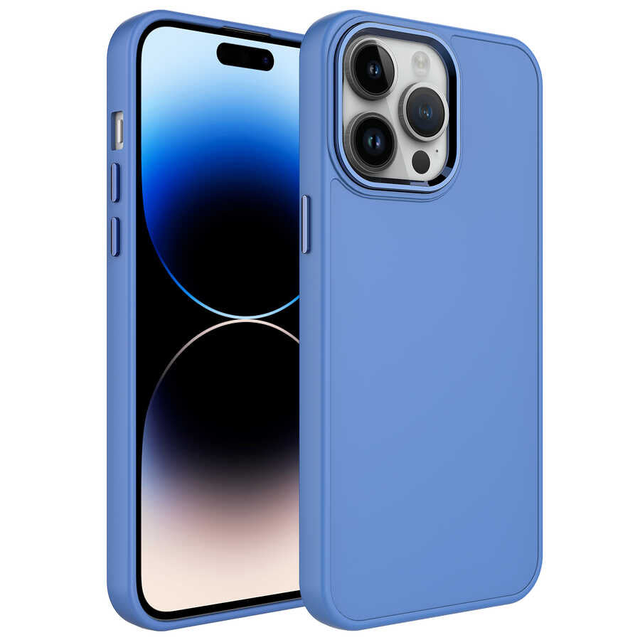 iPhone 14 Pro Max Kılıf Metal Çerçeve ve Buton Tasarımlı Silikon Zore Luna Kılıf - Lavendery Gray